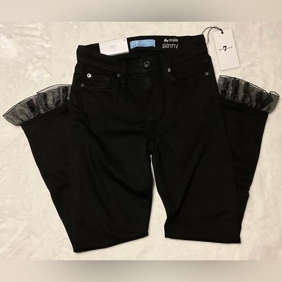 7 For All Mankind Blair Denim The Ankle Skinny Black Jeans w/Ruffle Hem NWT 25 - Picture 5 of 7